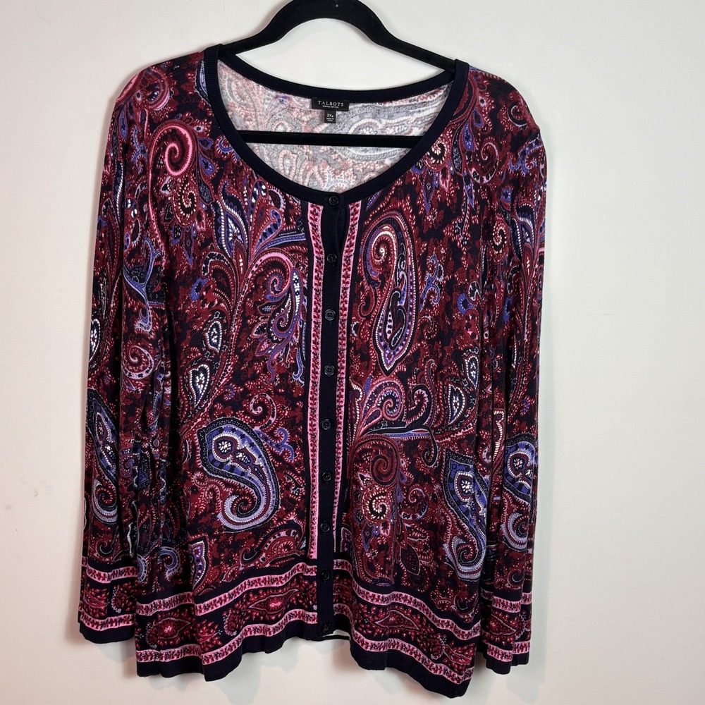 Talbots Women's Pink Paisley Cotton Blend Cardigan Petite 2X Fall Boho Stretch
